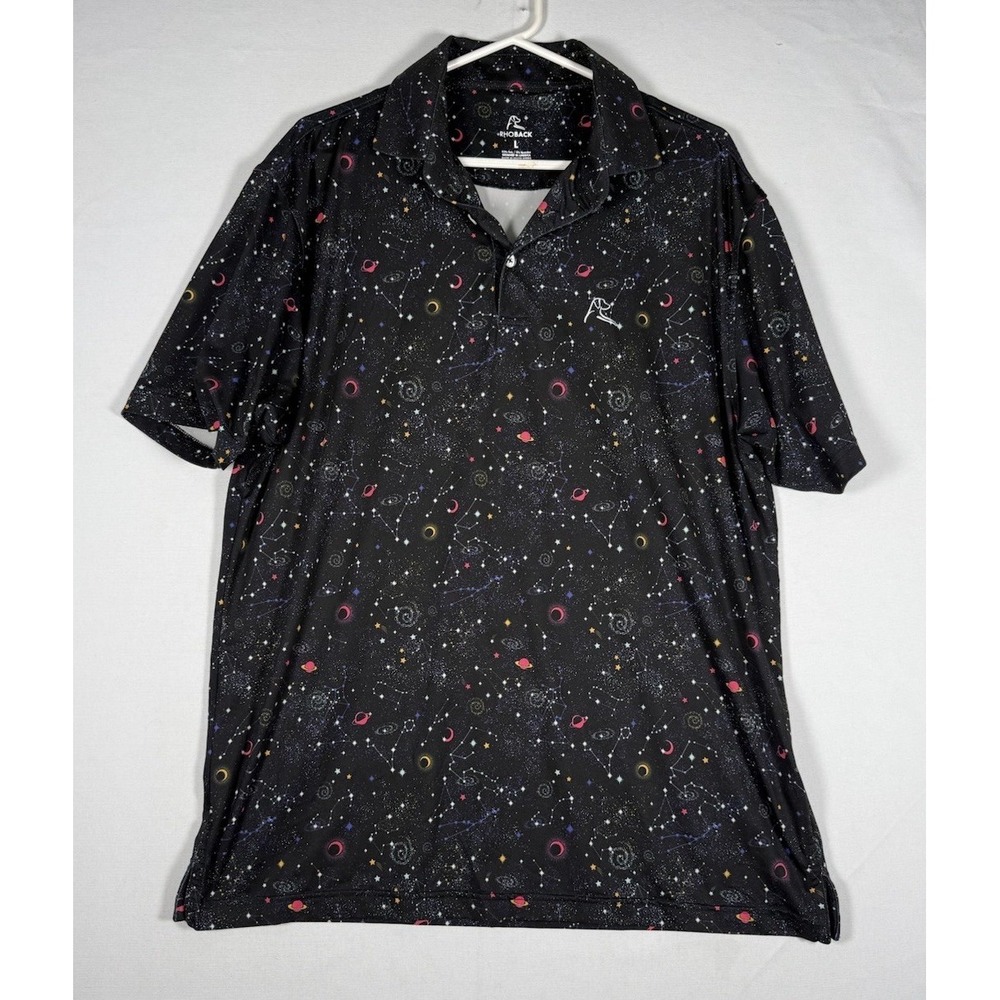 Rhoback Polo Mens Large Black Space Graphic Print Short Sleeve Stretch Logo